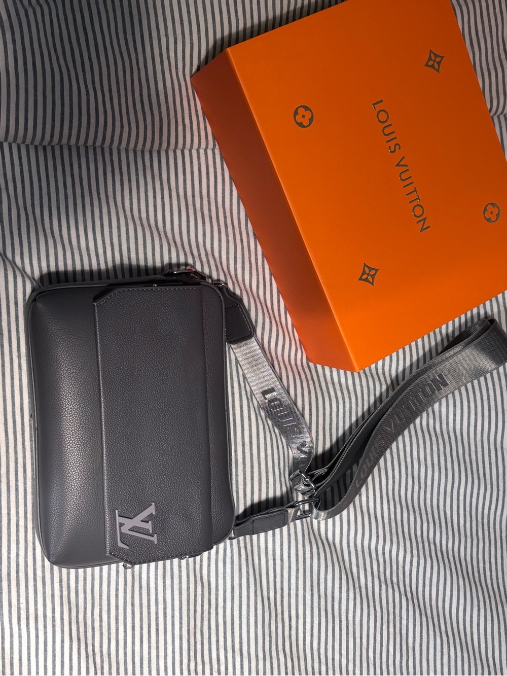 Louis Vuitton Gray Leather Messenger Crossbody with Branded Strap